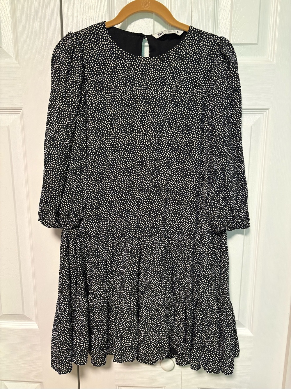 Zara Black & White Polka Dot Tiered Long-Sleeve Dress